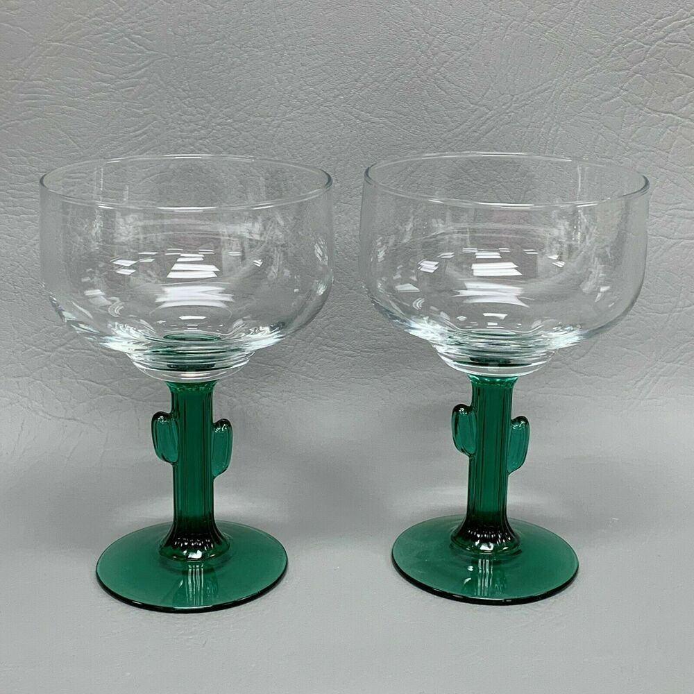 Margarita Clear Green Cactus Stem Glass Glasses Mexican Mexico 6 1/4 Lot of 2